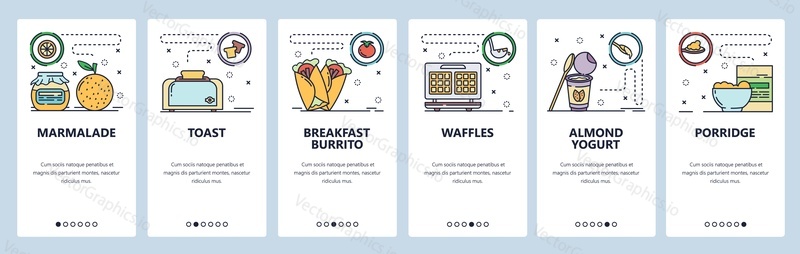 Mobile app onboarding screens. Breakfast meal, morning food, porridge, waffles, toast, yogurt. Menu vector banner template for website and mobile development. Web site design flat illustration.