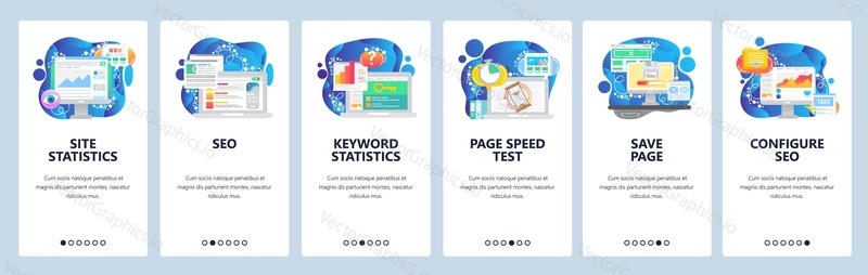 Mobile app onboarding screens. Digital marketing charts, business analytics, SEO and speed optimization. Menu vector banner template for website and mobile development. Web site design flat illustration.