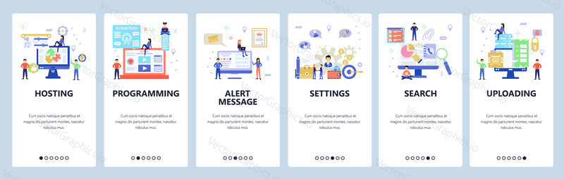 Onboarding for web site, mobile app. Menu banner vector template for website and application development. Hosting, Programming, Alert message, Settings, Search, Uploading screens. Flat style design.