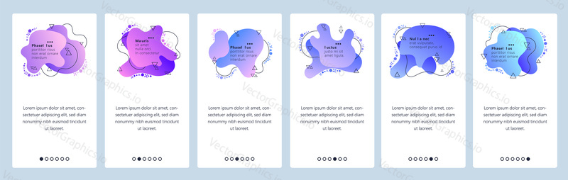 Website and mobile app onboarding screens. Menu banner vector template for web site and application development with trendy blue, purple and violet gradient abstract dynamic fluid shapes.