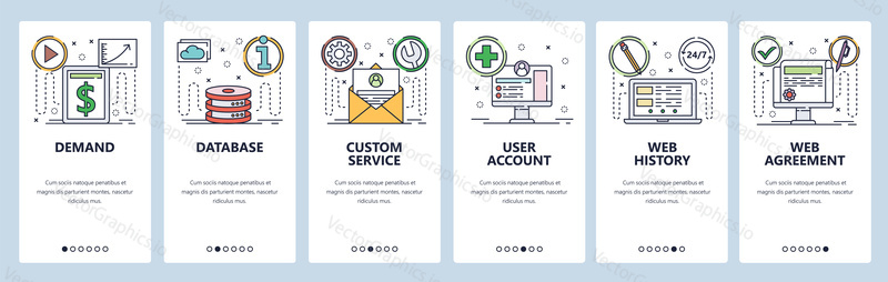 Onboarding for web site and mobile app. Menu banner vector template for website and application development. Demand Database Custom service, User account, Web history screens. Thin line art flat style