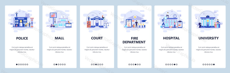Mobile app onboarding screens. City buildings infrastructure, police, hospital, university, shopping mall. Vector banner template for website and mobile development. Web site design flat illustration.