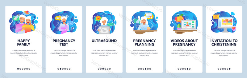 Mobile app onboarding screens. Pregnant woman, pregnancy test, ultrasound, happy family. Menu vector banner template for website and mobile development. Web site design flat illustration.