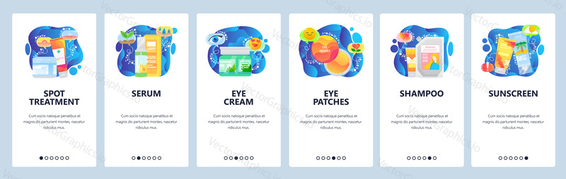 Skin care web site and mobile app onboarding screens. Menu banner vector template for website and application development with blue fluid shapes. Facial treatment, beauty products for skin and hair.