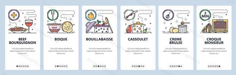 Mobile app onboarding screens. French cuisine, beef bourguignon, creme brulee, bisque. Menu vector banner template for website and mobile development. Web site design flat illustration.