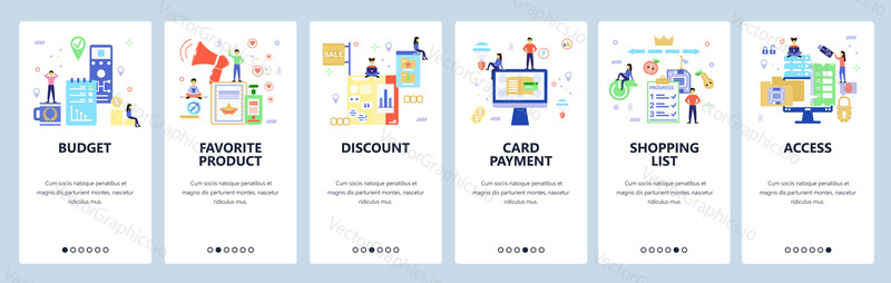 Shopping web site and mobile app onboarding screens. Menu banner vector template for website and application development. Flat style design.