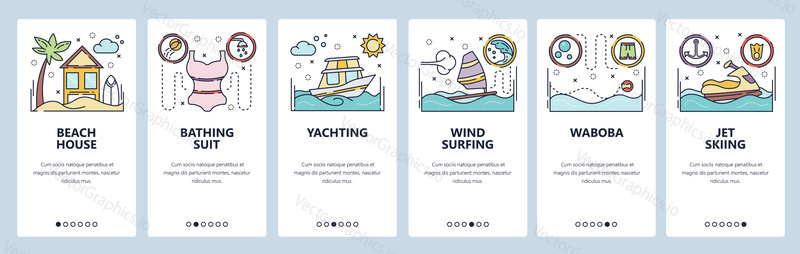 Mobile app onboarding screens. Summer vacation activities, yachting, wind surfing, waboba, jet ski, beach holiday. Menu vector banner template for website and mobile development. Web site design flat illustration