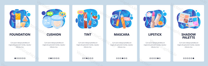 Makeup and cosmetics web site and mobile app onboarding screens. Menu banner vector template for website and application development with blue gradient dynamic liquid abstract shapes.
