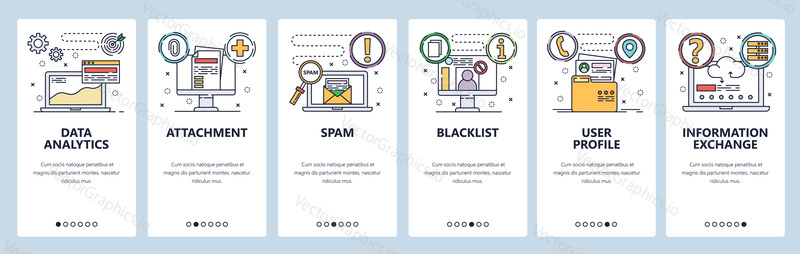 Onboarding for web site and mobile app. Menu banner vector template for website and application development. Data analytics Attachment Spam Blacklist and other screens. Thin line art flat style.
