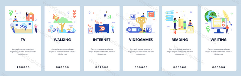 Onboarding for web site, mobile app. Menu banner vector template for website and application development. Tv, Walking, Internet, Video games, Reading, Writing walkthrough screens. Flat style design.
