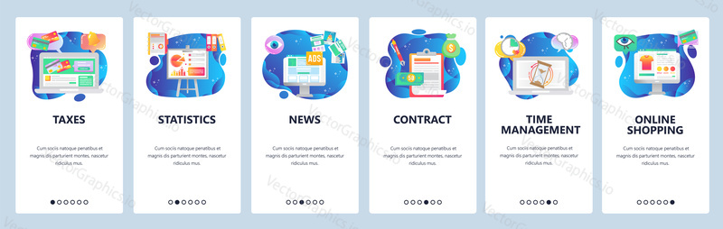 Mobile app onboarding screens. Financial chart, online payment, sign contract, time management. Menu vector banner template for website and mobile development. Web site design flat illustration.