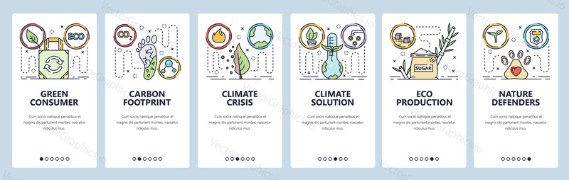 Mobile app onboarding screens. Global warming and climate change. Carbon footprint, nature protection. Menu vector banner template for website and mobile development. Web site design flat illustration.