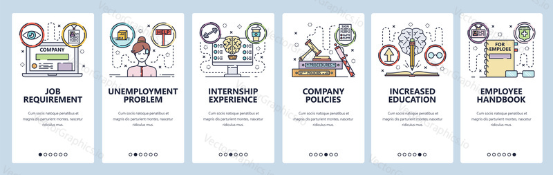 Mobile app onboarding screens. Education and job search, internship, employee and corporate culture. Menu vector banner template for website and mobile development. Web site design flat illustration.
