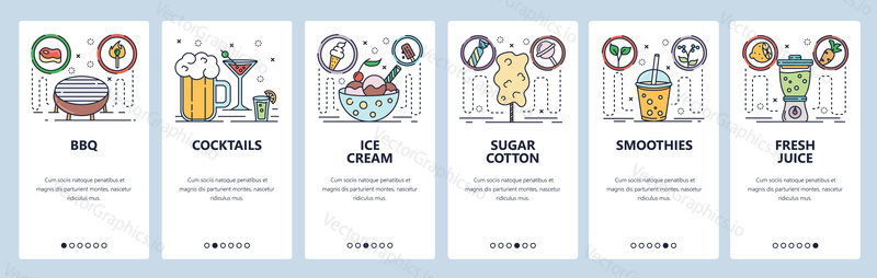 Mobile app onboarding screens. Alcohol drinks, cocktails, ice cream, juice and smoothies. Menu vector banner template for website and mobile development. Web site design flat illustration.