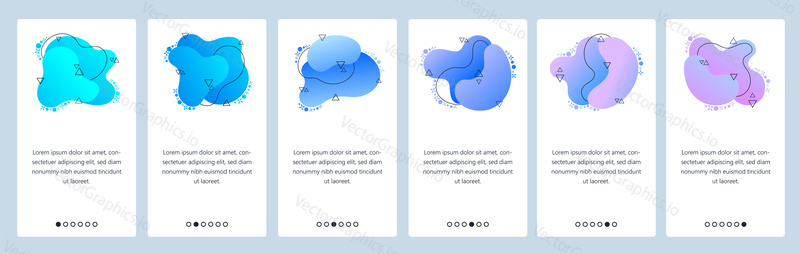Website and mobile app onboarding screens. Menu banner vector template for web site and application development with trendy blue and violet gradient abstract dynamic fluid shapes.