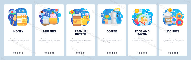 Mobile app onboarding screens. Breakfast meal, coffee, honey, toast, muffins, eggs with bacon. Menu vector banner template for website and mobile development. Web site design flat illustration.