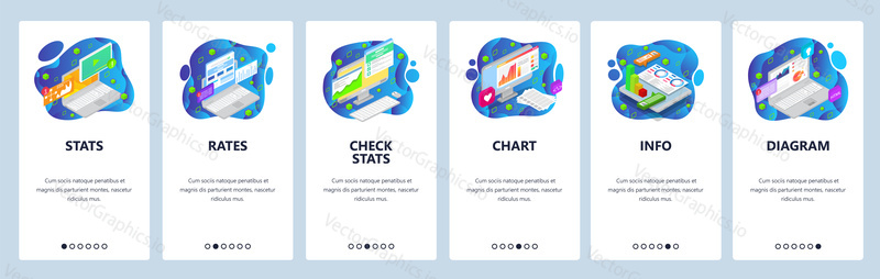 Informative web site and mobile app onboarding screens. Menu banner vector template for website and application development with blue dynamic liquid abstract shapes. Stats, rates, diagram, chart.