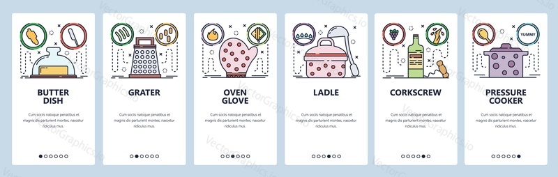 Mobile app onboarding screens. Kitchen appliances and cooking stuff. Menu vector banner template for website and mobile development. Web site design flat illustration.