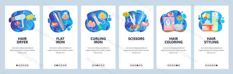 Mobile app onboarding screens. Hair beauty salon accessories, hairdryer, iron, coloring. Menu vector banner template for website and mobile development. Web site design flat illustration.