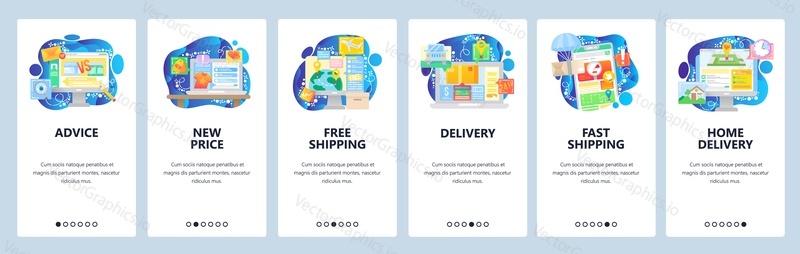 Mobile app onboarding screens. Worldwide delivery, free shipping, online store price, products comparison. Menu vector banner template for website and mobile development. Web site design flat illustration.