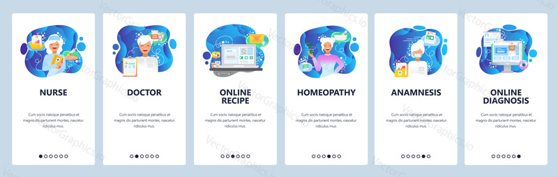 Mobile app onboarding screens. Health icons, nurse, doctor, homeopathy and online consulting. Menu vector banner template for website and mobile development. Web site design flat illustration
