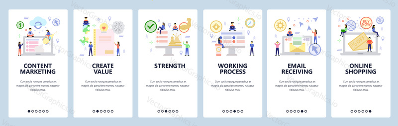 Mobile app onboarding screens. Business team and content marketing, online shopping, email technology. Menu vector banner template for website and mobile development. Web site design flat illustration.