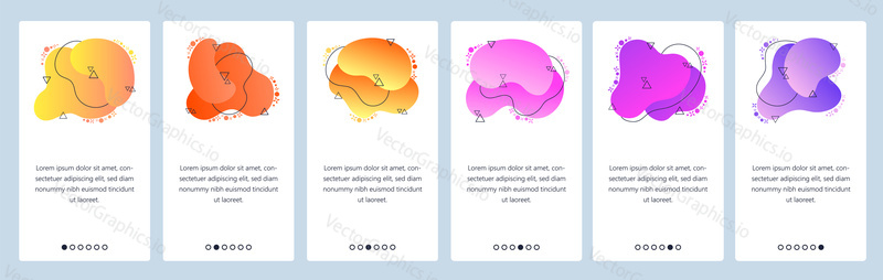 Website and mobile app onboarding screens. Menu banner vector template for web site and application development with trendy yellow, red, purple and violet gradient abstract dynamic fluid shapes.