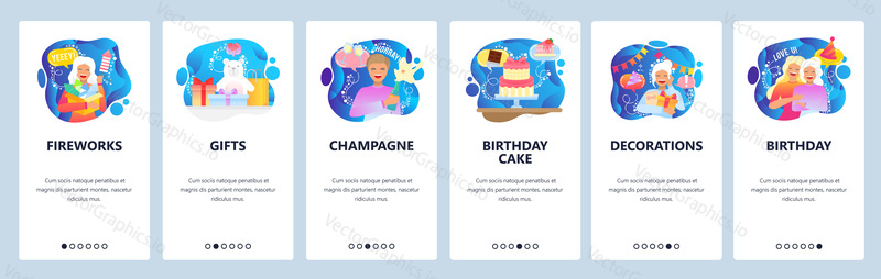 Birthday web site and mobile app onboarding screens. Menu banner vector template for website and application development with blue liquid abstract shapes. Cake, decorations, fireworks, gifts champagne