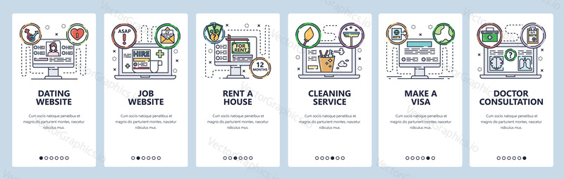 Mobile app onboarding screens. Online internet services, rent a house, online doctor, dating website and job search. Vector banner template for website and mobile development. Web flat illustration.