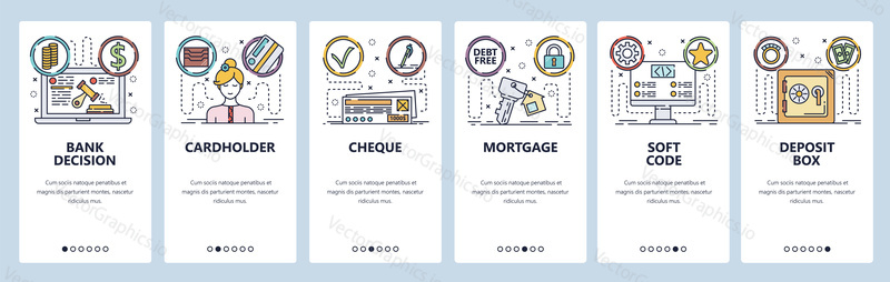 Mobile app onboarding screens. Banking and online loan scoring, cheque, credit card, mortage. Menu vector banner template for website and mobile development. Web site design flat illustration.