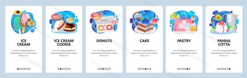 Mobile app onboarding screens. Dessert sweet food, ice cream, donuts, cake, cupcake, panna cotta. Menu vector banner template for website and mobile development. Web site design flat illustration.