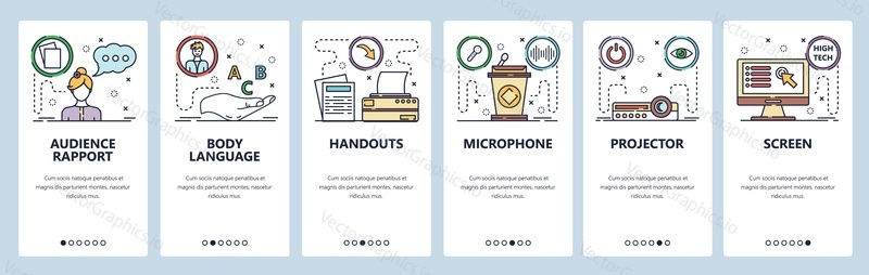 Mobile app onboarding screens. Public speaking and presentation icons, projector, screen, microphone and tribune. Menu vector banner template for website and mobile development. Web site design flat illustration.