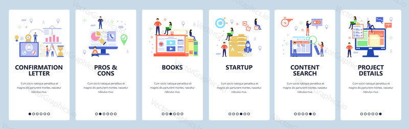 Onboarding for web site, mobile app. Menu banner vector template for website and application development. Startup, Project details, Content search, other walkthrough screens. Flat style design.