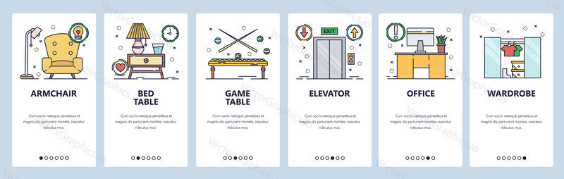 Mobile app onboarding screens. House and office interior, furniture, chair, table, wardrobe. Menu vector banner template for website and mobile development. Web site design flat illustration.