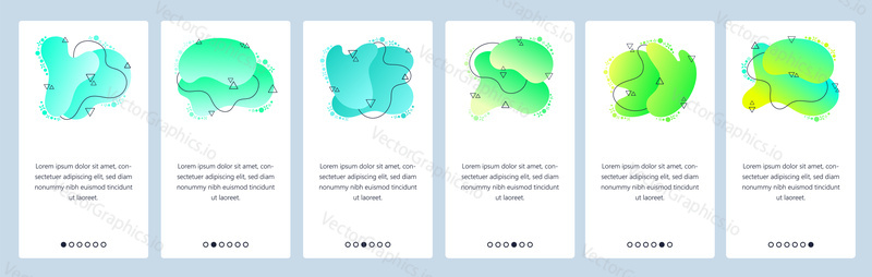 Website and mobile app onboarding screens. Menu banner vector template for web site and application development with trendy blue and green gradient abstract dynamic fluid shapes.
