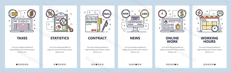 Mobile app onboarding screens. Business, taxes and money sheet, online work, contract. Menu vector banner template for website and mobile development. Web site design flat illustration.