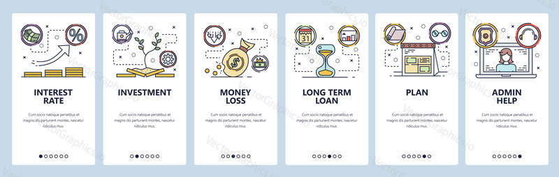 Mobile app onboarding screens. Interest rate, money investment, bank loan. Menu vector banner template for website and mobile development. Web site design flat illustration.