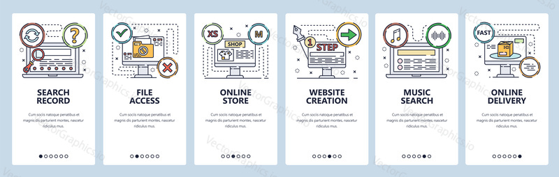Onboarding for web site, mobile app. Menu banner vector template for website and application development. Search record and music, File access, Online store, Website creation, Online delivery screens.