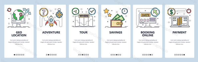 Onboarding for web site and mobile app. Menu banner vector template for website and application development. Geo location, Adventure, Tour, Savings, Booking online, Payment walkthrough screens