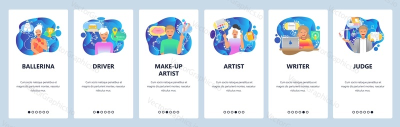 Mobile app onboarding screens. Different occupations, poeple, job, professions, workers. Menu vector banner template for website and mobile development. Web site design flat illustration.