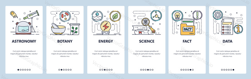 Onboarding for web site and mobile app. Menu banner vector template for website and application development. Astronomy Botany Energy Science Fact Data walkthrough screens. Thin line art flat style.