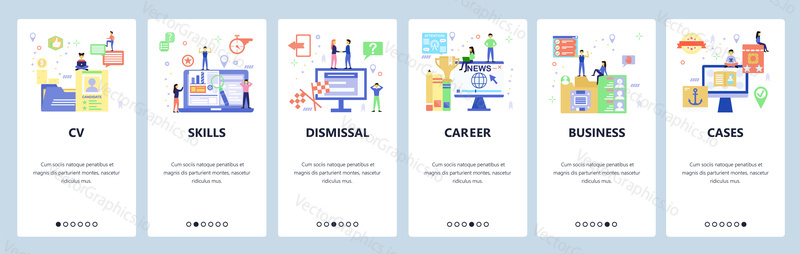 Career web site and mobile app onboarding screens. Menu banner vector template for website and application development. Flat style design.
