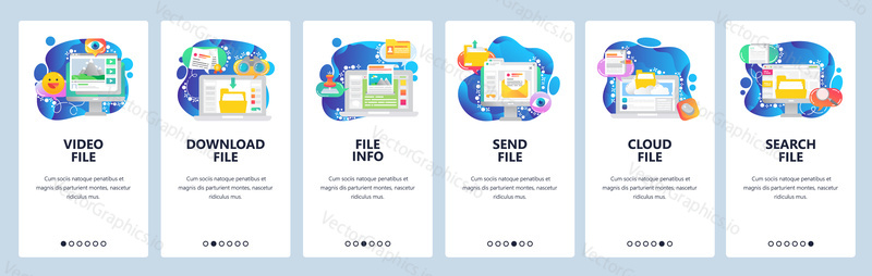 Mobile app onboarding screens. Computer technology, download file, send email, cloud storage, search. Menu vector banner template for website and mobile development. Web site design flat illustration.