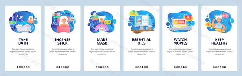 Mobile app onboarding screens. Relax and spa, beauty salon, healthy lifestyle. Menu vector banner template for website and mobile development. Web site design flat illustration.