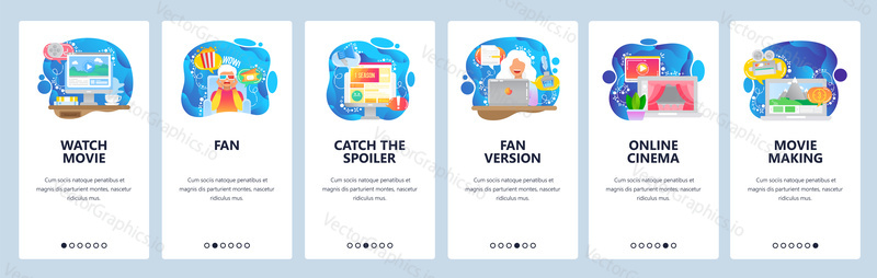 Cinema production web site and mobile app onboarding screens. Menu banner vector template for website and application development with blue gradient dynamic liquid abstract shapes.