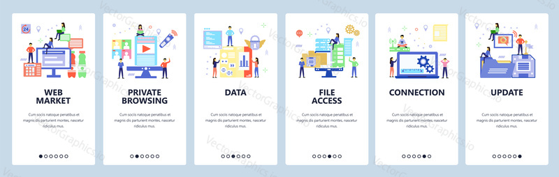 Onboarding for web site, mobile app. Menu banner vector template for website and application development. Web market, Private browsing, Data, File access, other walkthrough screens. Flat style design.