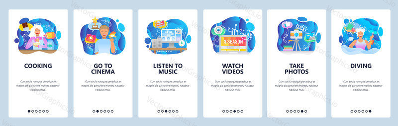 Mobile app onboarding screens. Leisure time and activities, watching tv series, cooking, listen music, go to cinema. Menu vector banner template for website and mobile development. Web site design flat illustration.