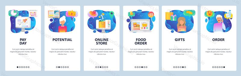 Mobile app onboarding screens. Online shoping and order by phone call, foor delivery, pay day. Menu vector banner template for website and mobile development. Web site design flat illustration.