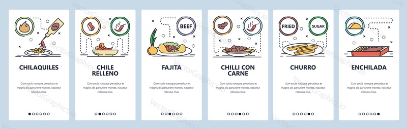 Mobile app onboarding screens. Mexican cuisine, cafe food menu, chilli, fajita, churro. Vector banner template for website and mobile development. Web site design flat illustration.