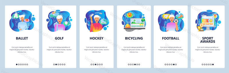 Mobile app onboarding screens. Sport players, ballet, football, golf, ice hockey. Menu vector banner template for website and mobile development. Web site design flat illustration.